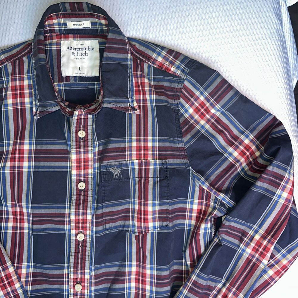 Abercrombie Fitch Muscle Button Down Shirt Mens Large Plaid Blue Long Sleeve